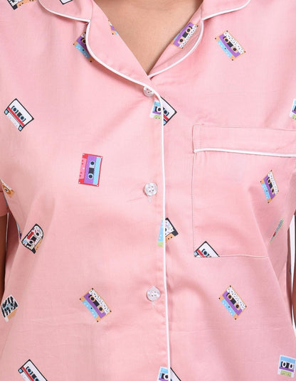 Retro Cassette Printed Nightsuit Set for Women