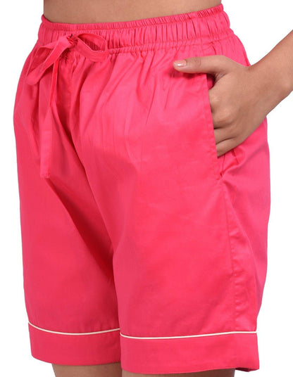 Pink Solid Printed Nightsuit Set for Women