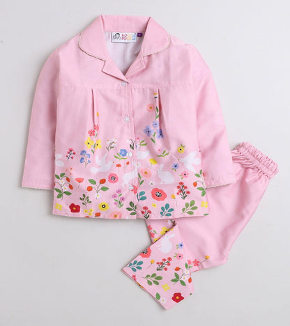 Pink Floral Printed Girls Nightsuit Set - koochi Poochi