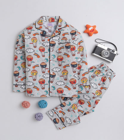 Sky Balloon Grey Printed Nightsuit Set for Girls