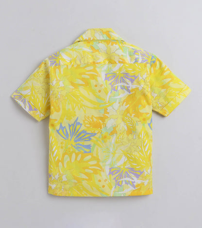 Yellow Leaf Digital printed Shirt with White solid Shorts